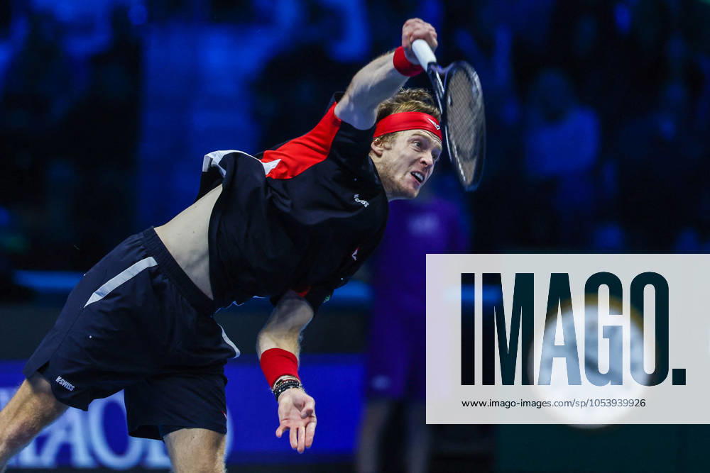 TENNIS - Internazionali di Tennis - Nitto ATP, Tennis Herren Finals - Ruud vs Rublev Andrey Rublev of Russia seen in actions during Men s Singles Group Stage match against Casper Ruud of Norway on day six of the Nitto ATP Finals 2024 at Inalpi Arena. Casper Ruud wins 6-4, 5-7, 6-2 over Andrey Rublev Turin Italy