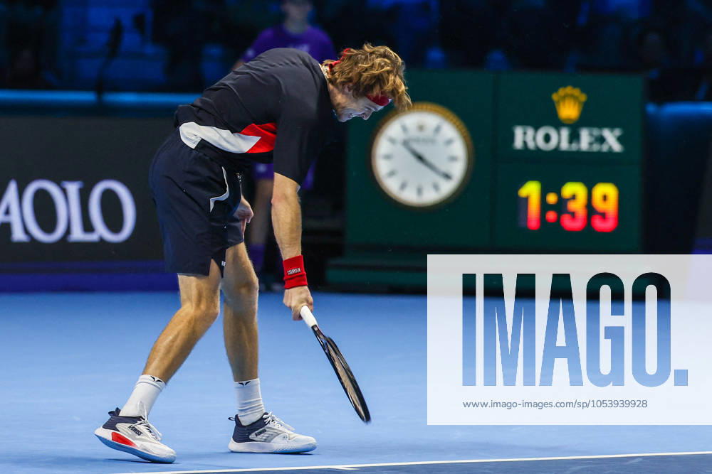 TENNIS - Internazionali di Tennis - Nitto ATP, Tennis Herren Finals - Ruud vs Rublev Andrey Rublev of Russia reacts during Men s Singles Group Stage match against Casper Ruud of Norway on day six of the Nitto ATP Finals 2024 at Inalpi Arena. Casper Ruud wins 6-4, 5-7, 6-2 over Andrey Rublev Turin Italy