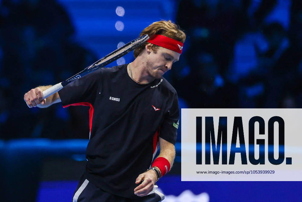 TENNIS - Internazionali di Tennis - Nitto ATP, Tennis Herren Finals - Ruud vs Rublev Andrey Rublev of Russia reacts during Men s Singles Group Stage match against Casper Ruud of Norway on day six of the Nitto ATP Finals 2024 at Inalpi Arena. Casper Ruud wins 6-4, 5-7, 6-2 over Andrey Rublev Turin Italy