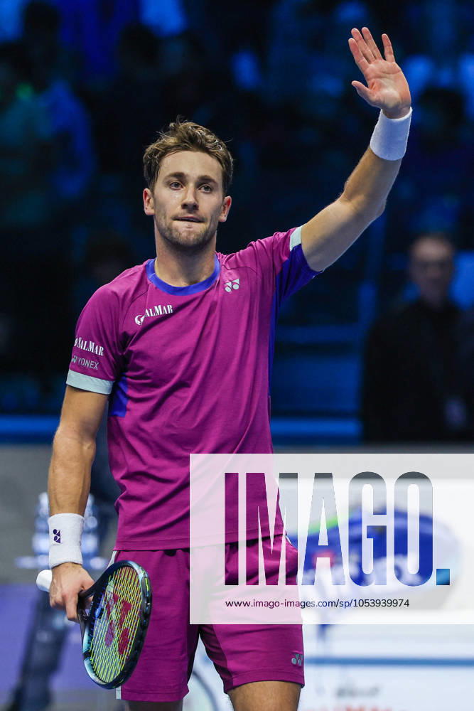 TENNIS - Internazionali di Tennis - Nitto ATP, Tennis Herren Finals - Ruud vs Rublev Casper Ruud of Norway celebrates the victory at the end of the match during Men s Singles Group Stage match against Andrey Rublev of Russia on day six of the Nitto ATP Finals 2024 at Inalpi Arena. Casper Ruud wins 6-4, 5-7, 6-2 over Andrey Rublev Turin Italy