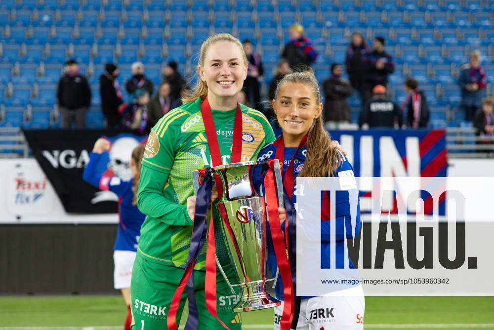 Oslo, Norway, November 16th 2024: Goalkeeper Tove Enblom (1 Valerenga) and Tilde Lindwall (6 Valerenga) celebrate with the trophy after winning the Toppserien League after the football game between Valerenga and LSK at Intility Arena in Oslo, Norway (Ane Frosaker SPP)