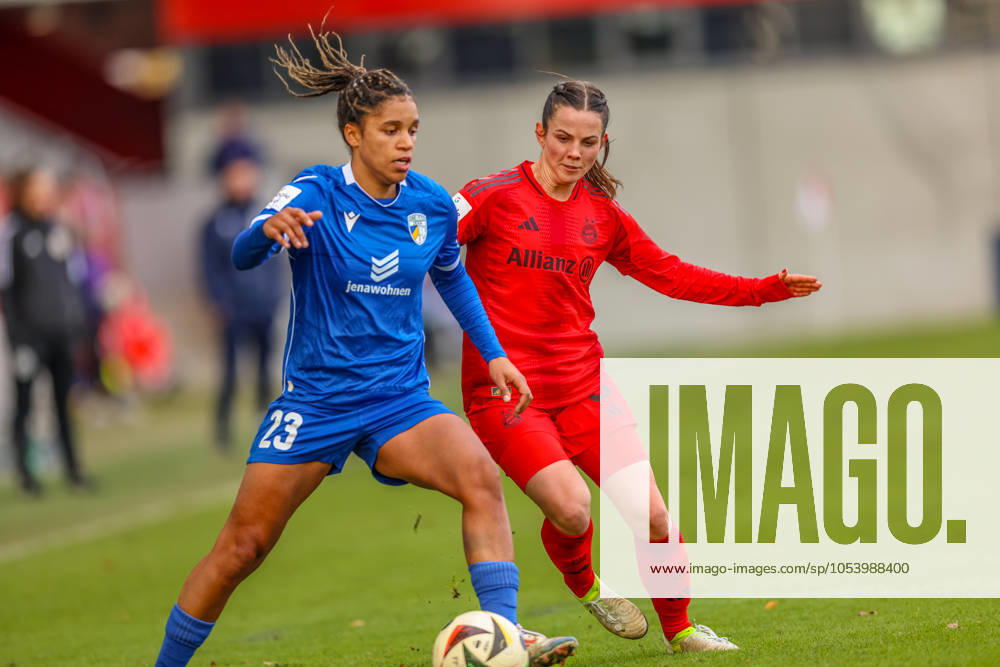 GER, München, FC Bayern München vs Carl Zeiss Jena, Google Pixel Frauen Bundesliga, Fussball, DFB, Spielzeit 2024 2025, FC Bayern Campus, 10. Spieltag, im Bild v.l.: Josephine Bonsu (Carl Zeiss Jena 23), Tuva Hansen (FC Bayern München Frauen 6) DFB DFL REGULATIONS PROHIBIT ANY USE OF PHOTOGRAPHS AS IMAGE SEQUENCES AND OR QUASI-VIDEO, 17.11.2024,