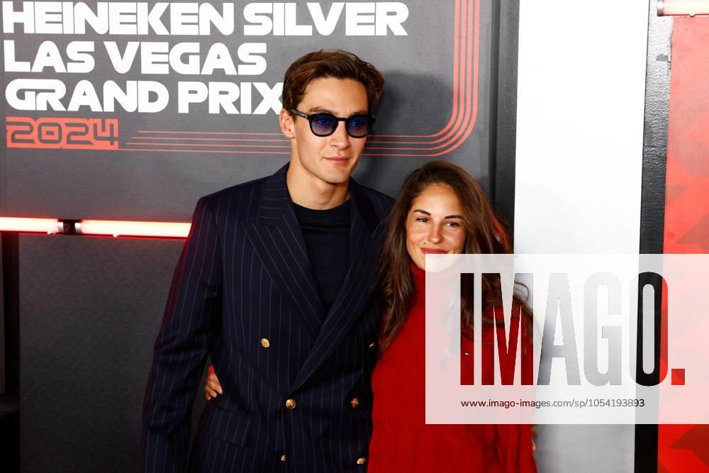 LAS VEGAS, NV - NOVEMBER 23: George Russell (63) of Great Britain, Mercedes-AMG PETRONAS F1, Team Mercedes and his girlfriend Carmen Montero Mundt pose for photos on the red carpet prior to the Formula 1 Heineken Silver Las Vegas Grand Prix on the Las Vegas Strip Circuit on November 23, 2024 in Las Vegas, Nevada. (Photo by Jeff Speer Icon Sportswire) AUTO: NOV 23 F1 Heineken Silver Las Vegas Grand Prix Icon2411231791