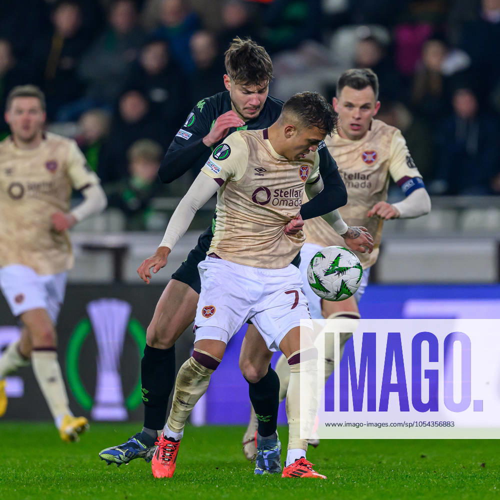 Cercle Brugge v Heart of Midlothian Europa Conference League 28 11 2024. Matchday 4 of 6 Edgaras Utkus of Cercle Brugge holds back Kenneth Vargas of Hearts during the Europa Conference League match between Cercle Brugge and Heart of Midlothian at the Jan Breydel Stadion, Brugge, Belguim on 28 November 2024. Editorial use only ,