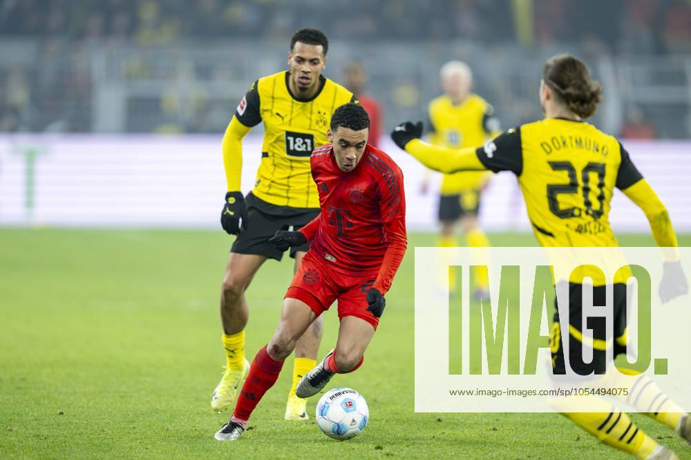 Borussia Dortmund - FC Bayern München, 12. Spieltag im Signal-Iduna-Park. Münchens Jamal Musiala läuft mit dem Ball am Fuß. WICHTIGER HINWEIS: Gemäß den Vorgaben der DFL und des DFB ist es untersagt, in dem Stadion und oder vom Spiel angefertigte Fotoaufnahmen in Form von Sequenzbildern und oder videoähnlichen Fotostrecken zu verwerten bzw. verwerten zu lassen.