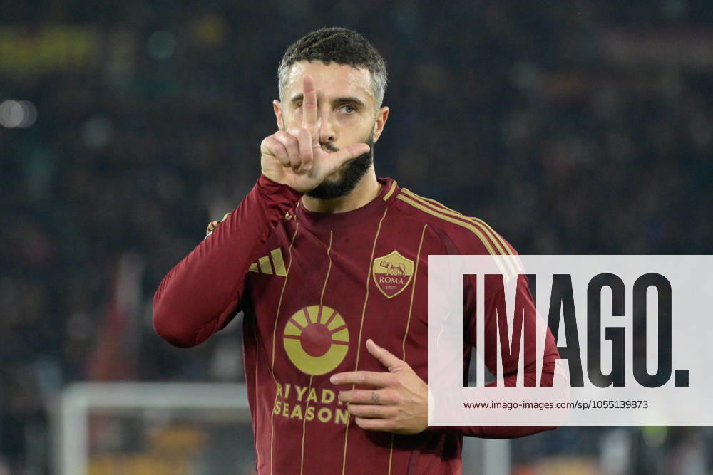 Romaâ??s Mario Hermoso celebrates after scoring the goal 3-0 during the UEFA Europa League 2024-2025 football match between AS Roma and SC Braga at the Olympic Stadium in Rome on December 12, 2024.