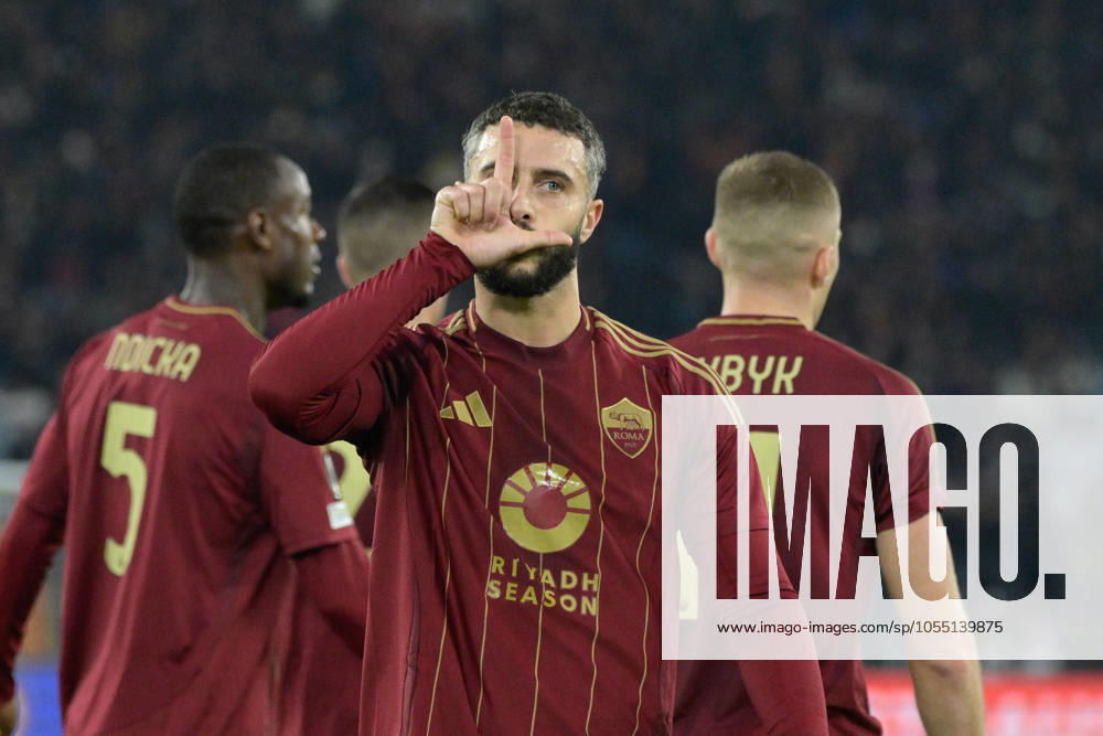 Romaâ??s Mario Hermoso celebrates after scoring the goal 3-0 during the UEFA Europa League 2024-2025 football match between AS Roma and SC Braga at the Olympic Stadium in Rome on December 12, 2024.