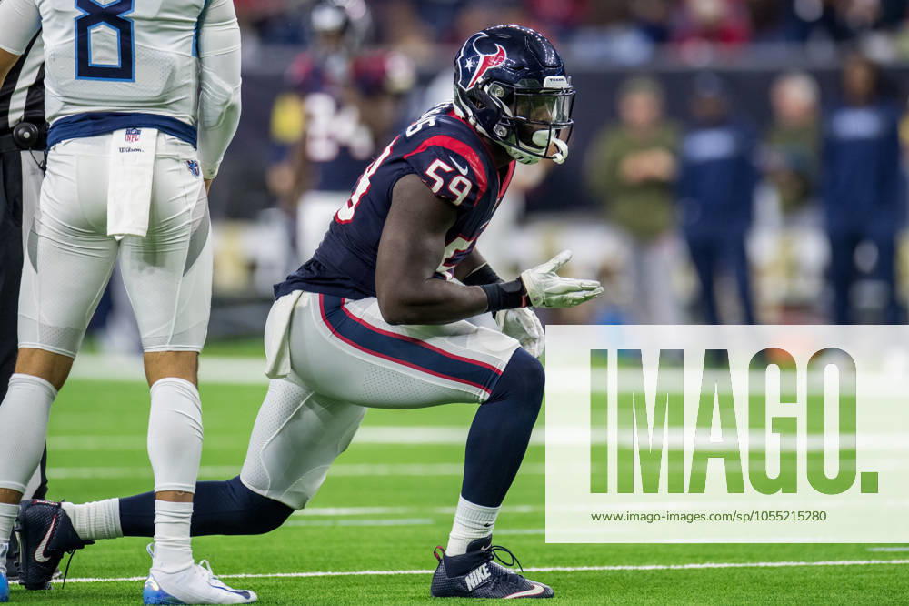NFL, American Football Herren, USA 2018: Titans vs Texans NOV 26 November 26, 2018: Houston Texans outside linebacker Whitney Mercilus (59) celebrates his sack during the 4th quarter of an NFL football game between the Tennessee Titans and the Houston Texans at NRG Stadium in Houston, TX. The Texans won the game 34 to 17...Trask Smith CSM Houston TX U.S.