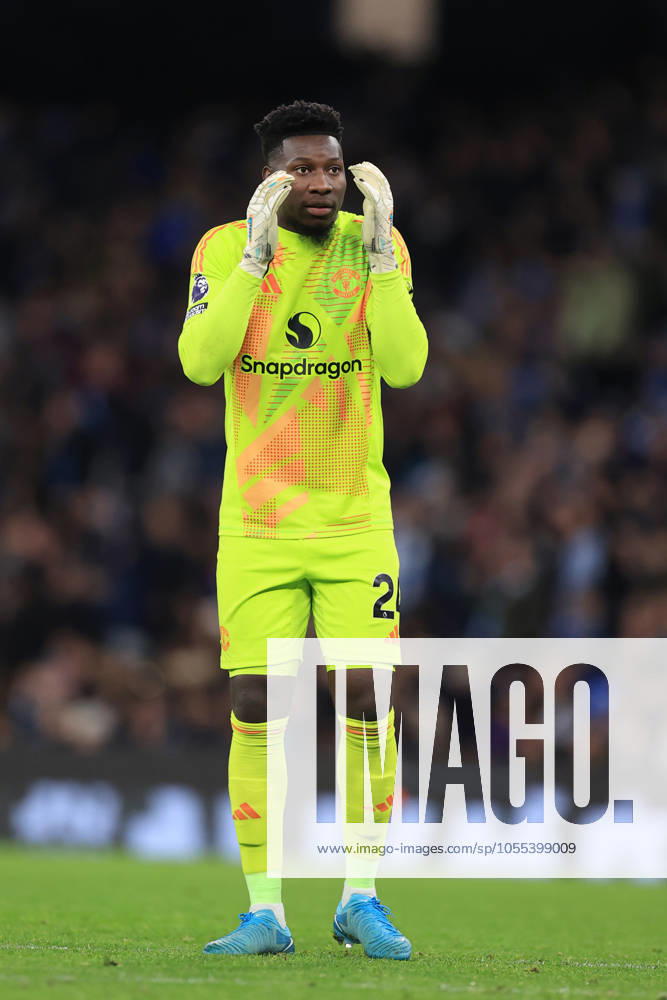 Manchester City v Manchester United, ManU 15 December 2024 - Premier League - Manchester City v Manchester United -Manchester United goalkeeper Andre Onana reacts to a missed chance at the opposite end of the pitch - Photo: Simon Stacpoole Offside. Manchester UK