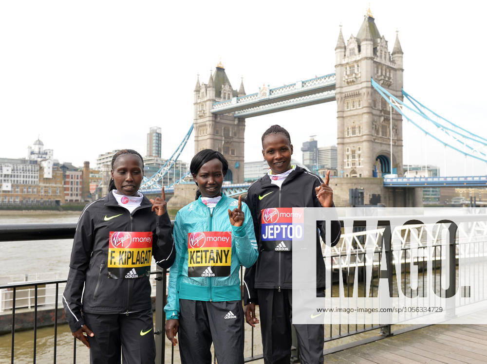 Track and Field: London Marathon-Elite Women Photocall Florence Kiplagat (KEN), Mary Keitany (KEN) and Priscah Jeptoo (KEN) pose at the Tower Bridge prior to the 2016 London Marathon in London on Thursday, April 21, 2016. Photo by Jiro Mochizuki London England United Kingdom