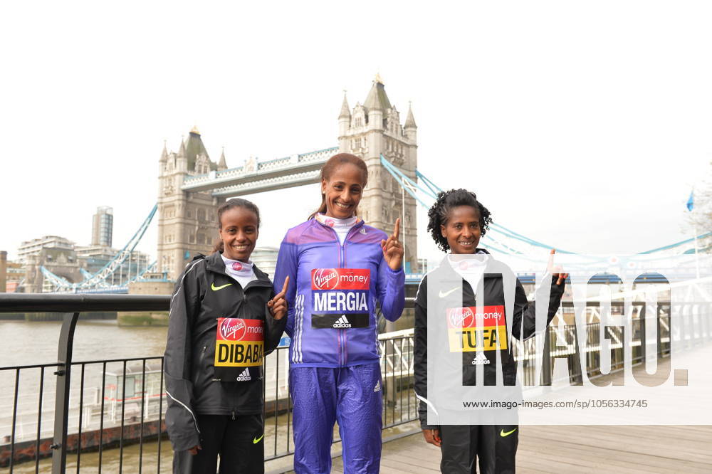 Track and Field: London Marathon-Elite Women Photocall Mare Dibaba (ETH), Aselefech Mergia (ETH) and Tigist Tufa (ETH) pose at the Tower Bridge prior to the 2016 London Marathon in London on Thursday, April 21, 2016. Photo by Jiro Mochizuki London England United Kingdom