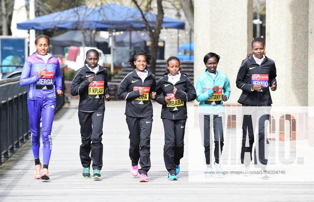 Track and Field: London Marathon-Elite Women Photocall Aselefech Mergia (ETH), Florence Kiplagat (KEN), Tigist Tufa (ETH), Mare Dibaba (ETH), Mary Keitany (KEN) and Priscah Jeptoo (KEN) pose at the Tower Bridge prior to the 2016 London Marathon in London on Thursday, April 21, 2016. Photo by Jiro Mochizuki London England United Kingdom