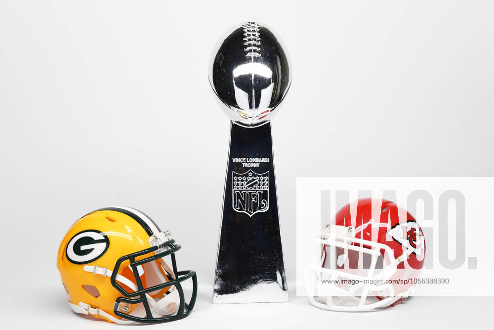 NFL, American Football Herren, USA Creative Detailed view of Green Bay Packers (left) and Kansas City Chiefs helmets and Super Bowl Vince Lombardi Trophy.