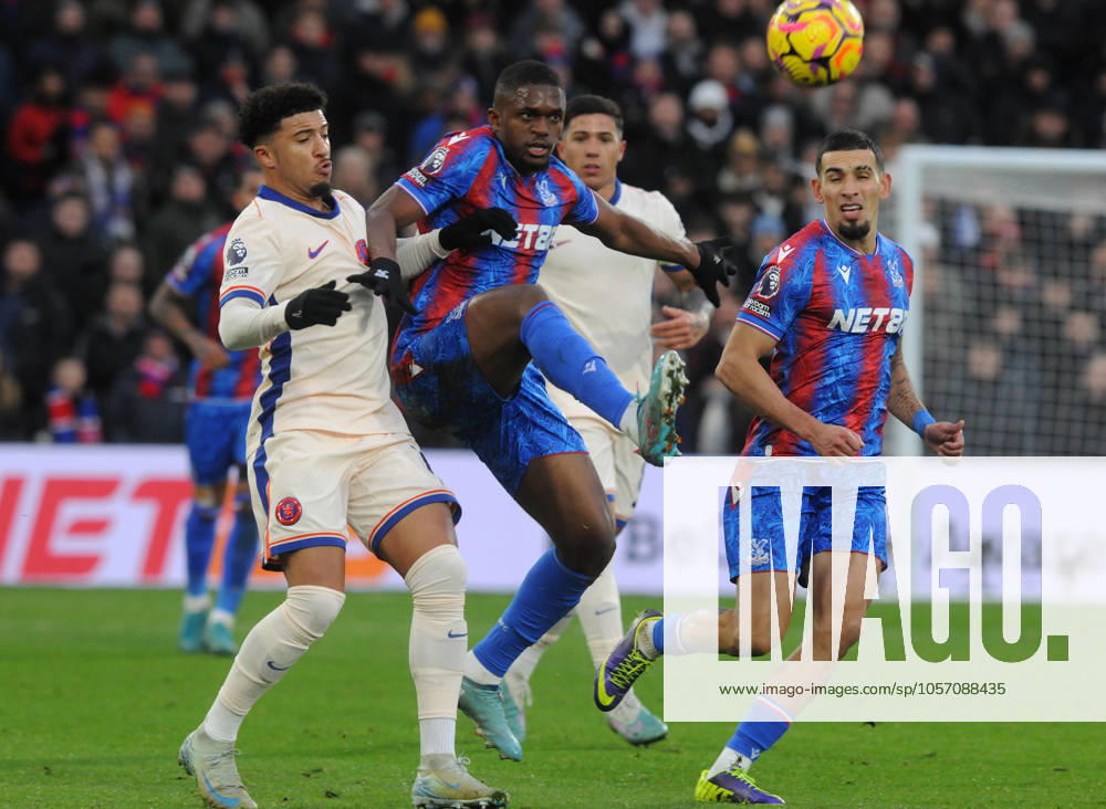 Football - 2024 2025 Premier League - Crystal Palace vs Chelsea - Selhurst Park - Saturday 4th January 2025 Jason Sancho of Chelsea challenges Cheick Douciure of Crystal Palace