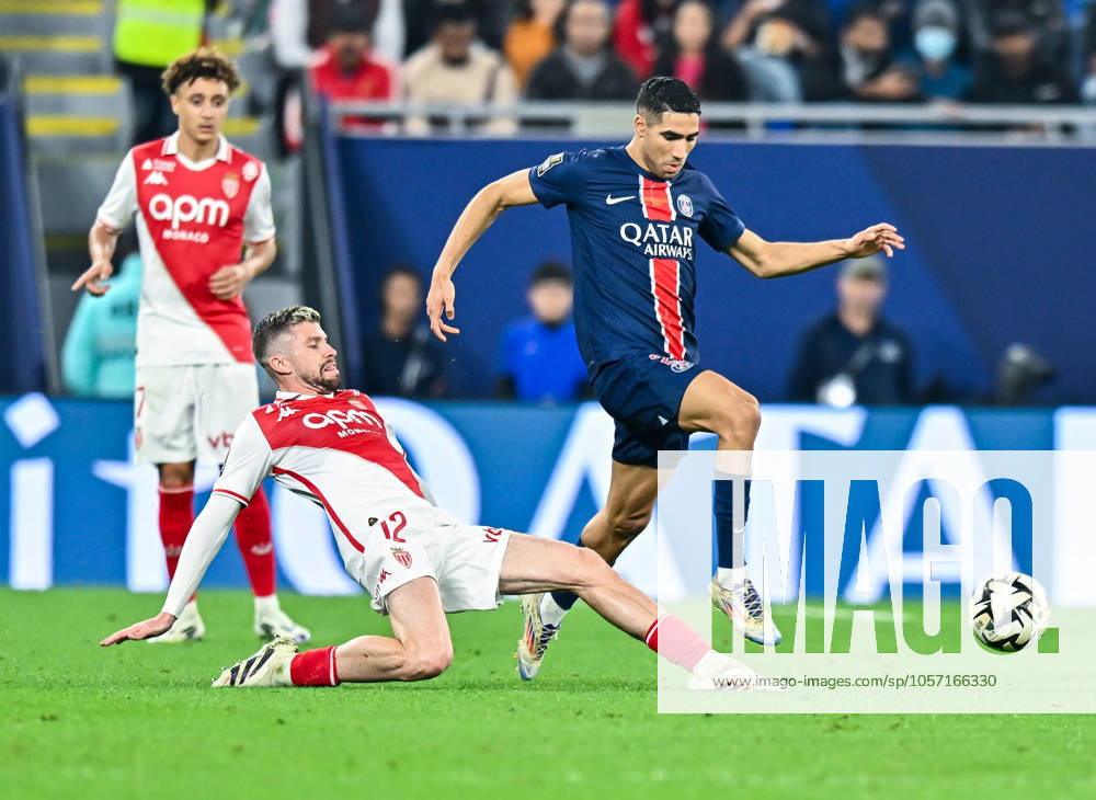 French Super Cup (Trophee des Champions) - Paris Saint-Germain vs AS Monaco Achraf Hakimi (R) of Paris Saint-Germain and Caio Henrique of AS Monacoin action during the French Super Cup (Trophee des Champions) football final match between Paris Saint-Germain (PSG) and AS Monaco at the 974 stadium in Doha, Qatar on January 5, 2025.