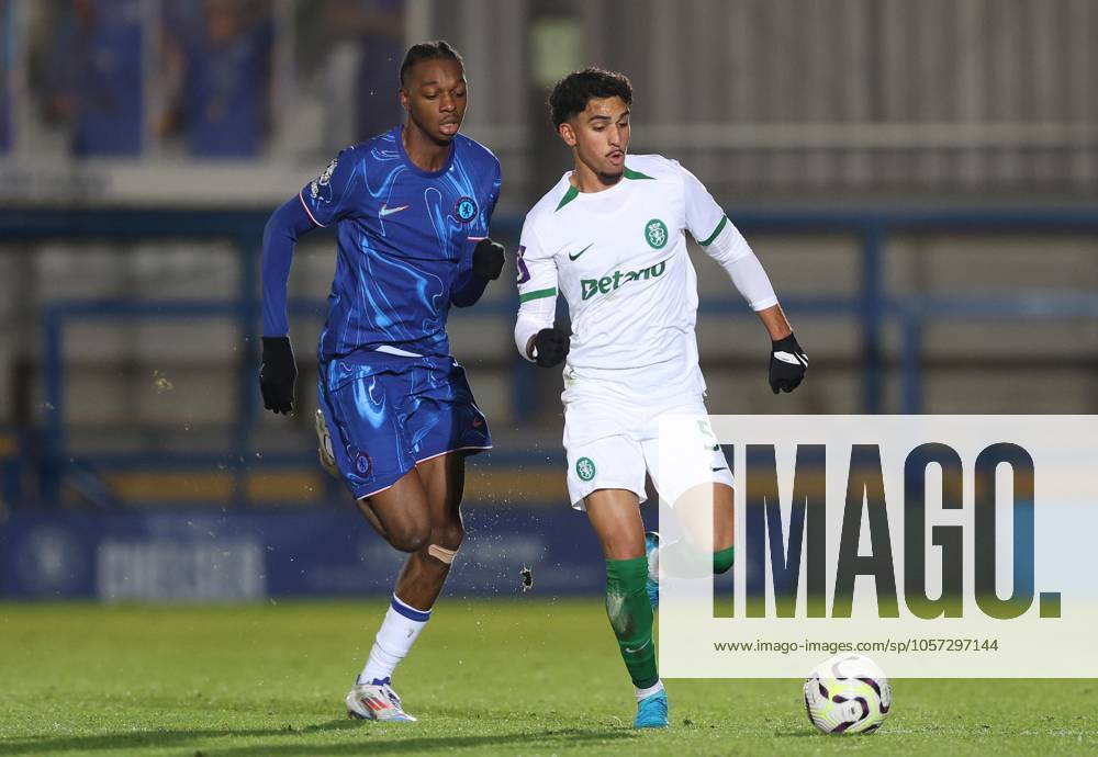 - Chelsea U21, U 21 v Sporting CP U21, Premier League International Cup, Kingsmeadow Stadium, London, UK - 7th January 2025. Daniel Weir Crystal Pix Rayhan Momade of Sporting CP U21 B battles Kaiden Wilson of Chelsea U21.- Chelsea U21 v Sporting CP U21, Premier League International Cup, Kingsmeadow Stadium, London, UK - 7th January 2025. Daniel Weir Crystal Pix London Kingsmeadow Stadium UK