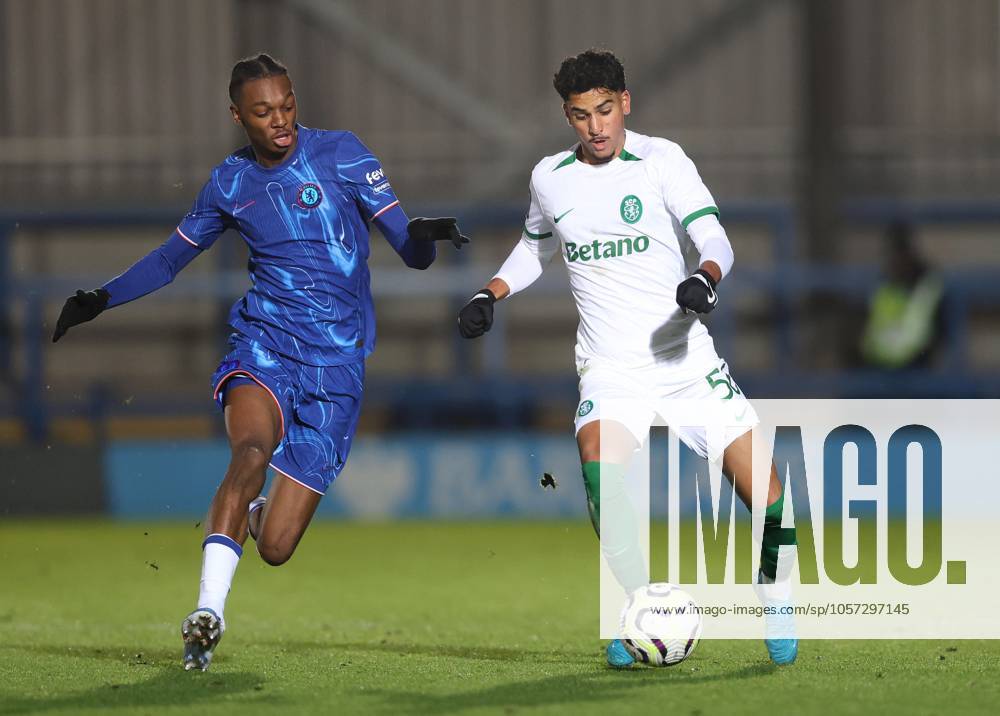 - Chelsea U21, U 21 v Sporting CP U21, Premier League International Cup, Kingsmeadow Stadium, London, UK - 7th January 2025. Daniel Weir Crystal Pix Rayhan Momade of Sporting CP U21 B battles Kaiden Wilson of Chelsea U21.- Chelsea U21 v Sporting CP U21, Premier League International Cup, Kingsmeadow Stadium, London, UK - 7th January 2025. Daniel Weir Crystal Pix London Kingsmeadow Stadium UK