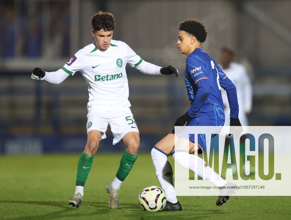 - Chelsea U21, U 21 v Sporting CP U21, Premier League International Cup, Kingsmeadow Stadium, London, UK - 7th January 2025. Daniel Weir Crystal Pix Richard Olise of Chelsea U21 battles Flavio Goncalves of Sporting Lisbon U21 B.- Chelsea U21 v Sporting CP U21, Premier League International Cup, Kingsmeadow Stadium, London, UK - 7th January 2025. Daniel Weir Crystal Pix London Kingsmeadow Stadium UK