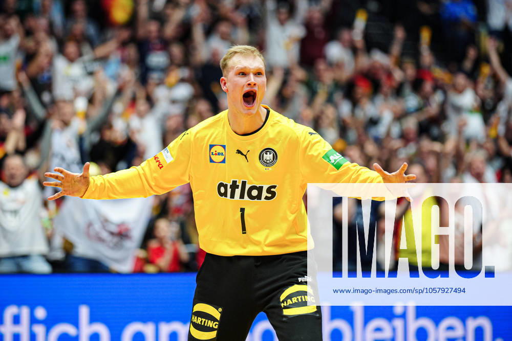 Torjubel David Spaeth (Deutschland, 01) DEN, Deutschland vs. Tschechien, Handball, IHF Weltmeisterschaft 2025, Gruppe A, Spieltag 3, 19.01.2025 DEN, Deutschland vs. Tschechien, Handball, IHF Weltmeisterschaft 2025, Gruppe A, Spieltag 3, 19.01.2025 Herning