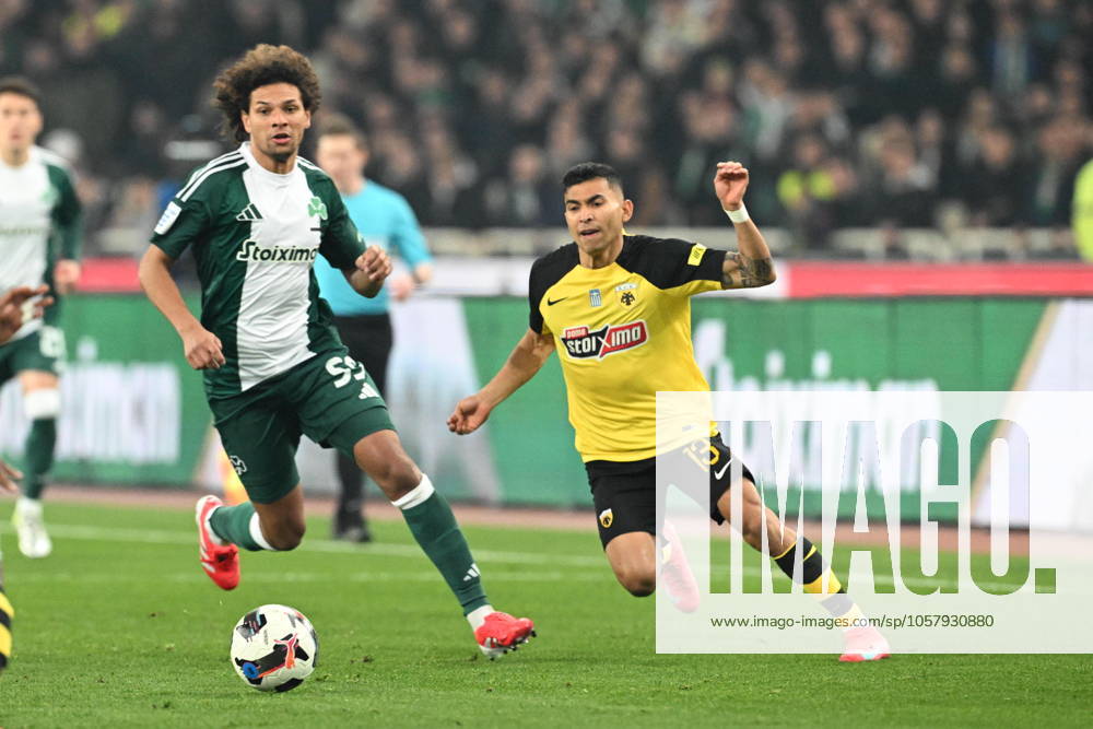WILLIAN ARAO of Panathinaikos FC in action against ORBELIN PINEDA of ΑΠÎö Athens during the SuperLeague regular season soccer match between Panathinaikos FC and AEK Athens held at Athens Olympic Stadium in Athens, Greece, 19 January 2025. IMAGO ONE INCH PRODUCTIONS ATHENS Greece