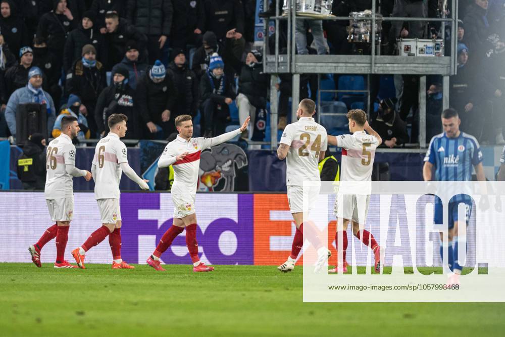 Vfb Stuttgart players a goal celebrate during UEFA Champions league match, SK Slovan Bratislava - VFB Stuttgart , 21. january 2025, Tehelne pole Stadium, Bratislava, Slovakia