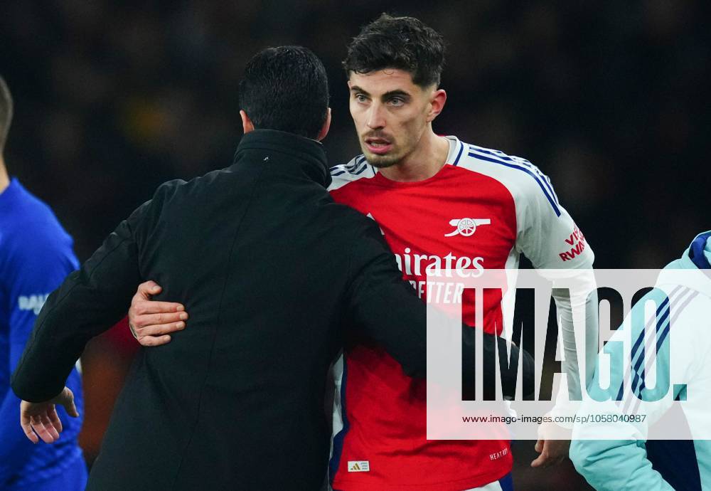 Arsenal manager Mikel Arteta hugs Kai Havertz after substituting him Arsenal v Dinamo Zagreb, UEFA Champions League, Group Stage, Football, Emirates Stadium, London, UK - 22 Jan 2025