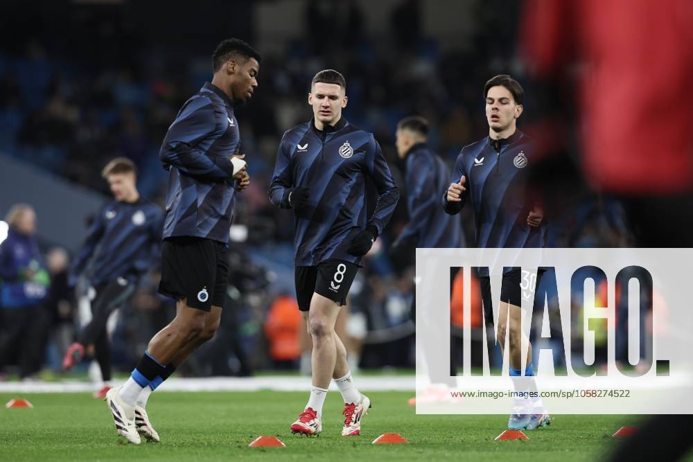 Club s players pictured in action during the warming-up for a soccer game between English Manchester City and Belgian Club Brugge KV, Wednesday 29 January 2025 in Manchester, United Kingdom, on the eight day (out of 8) of the UEFA Champions League league phase. BRUNOxFAHY x111409141x