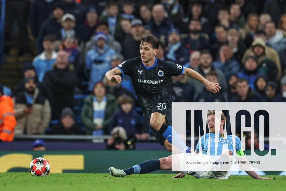 UEFA Champions League Matchday 8 of 8 Manchester City v Club Brugge Ardon Jashari of Club Brugge breaks past Kevin De Bruyne of Manchester City during the UEFA Champions League Matchday 8 of 8 Manchester City vs Club Brugge at Etihad Stadium, Manchester, United Kingdom, 29th January 2025 (Photo by Mark Cosgrove News Images) Manchester Etihad Stadium Manchester United, ManU Kingdom