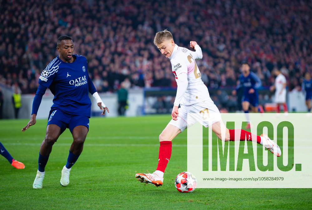 Chris Fuehrich (VfB Stuttgart) controls the ball against Willian Pacho (Paris Saint-Germain) during the UEFA Champions League 2024 25 League Phase MD8 match between VfB Stuttgart and Paris Saint-Germain at MHPArena on January 29, 2025 in Stuttgart, Germany. (Photo by Silas Schueller DeFodi Images) Defodi-738_738_VFBPSG_20250129_219