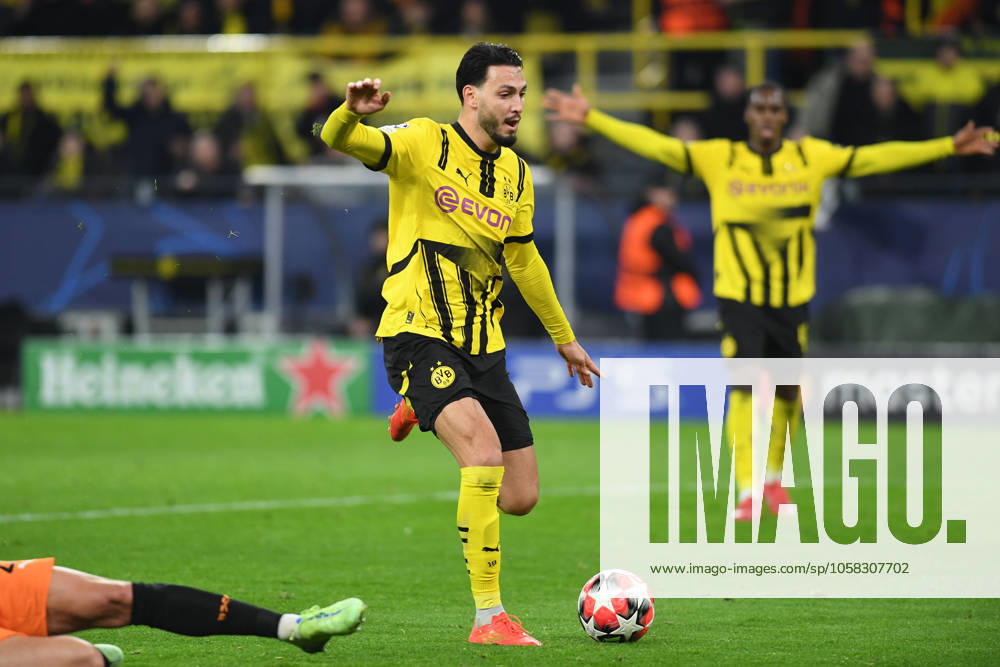 Ramy Bensebaini (Borussia Dortmund) Tor zum 3:1 waehrend des Spiels der UEFA Champions League 2024 25 Ligen-Phase 8. Spieltag zwischen Borussia Dortmund und FC Shakhtar Donetsk, SIGNAL IDUNA PARK am 29. January 2025 in Dortmund, Deutschland. (Foto von Ralf Treese DeFodi Images) +++ Ramy Bensebaini (Borussia Dortmund) scores his teams third goal during the UEFA Champions League 2024 25 League Phase MD8 match between Borussia Dortmund and FC Shakhtar Donetsk at Signal Iduna Park on January 29, 2025 in Dortmund, Germany. (Photo by Ralf Treese DeFodi Images) Defodi-521_BVBDON20250129_153