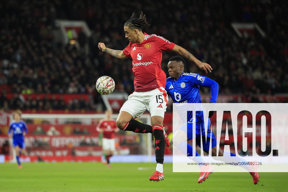 Manchester United, ManU v Leicester City FA Cup 07 02 2025. 4th Round Leny Yoro (15) of Manchester United controls the ball during the FA Cup match between Manchester United and Leicester City at Old Trafford, Manchester, England on 7 February 2025. Manchester Old Trafford Greater Manchester England Editorial use only DataCo restrictions apply See www.football-dataco.com ,