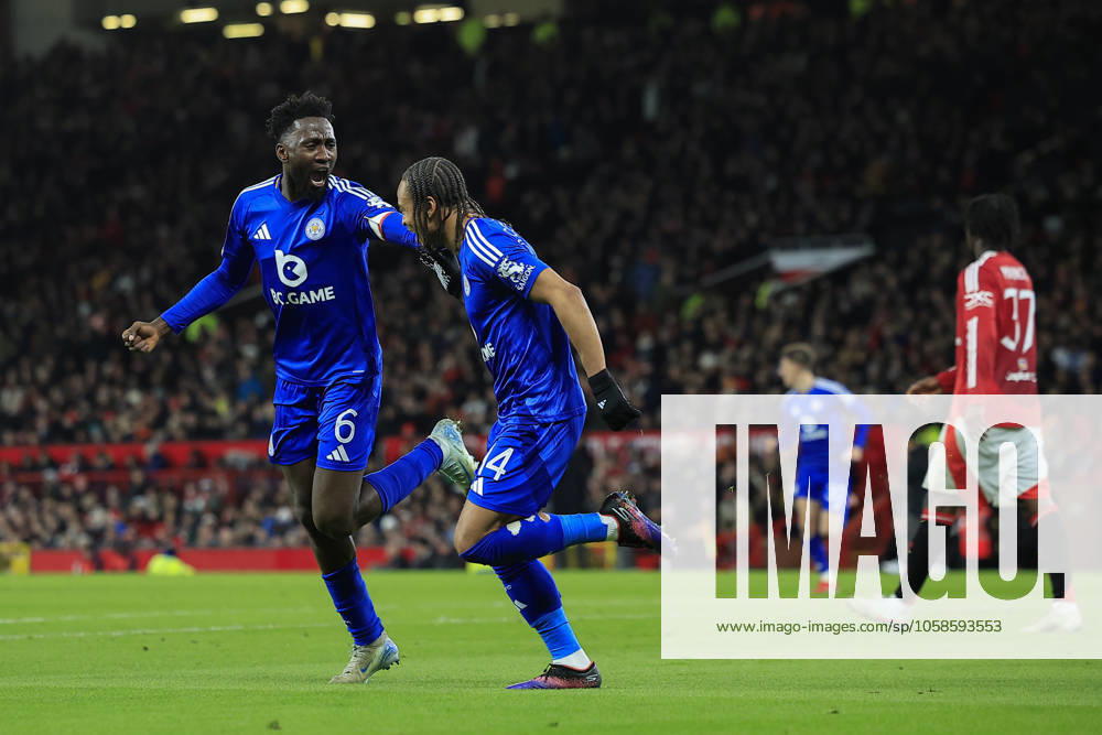 Manchester United, ManU v Leicester City FA Cup 07 02 2025. 4th Round Bobby Decordova-Reid (14) of Leicester City celebrates with Wilfred Ndidi (6) of Leicester City after scoring to make it 0-1 during the FA Cup match between Manchester United and Leicester City at Old Trafford, Manchester, England on 7 February 2025. Manchester Old Trafford Greater Manchester England Editorial use only DataCo restrictions apply See www.football-dataco.com ,