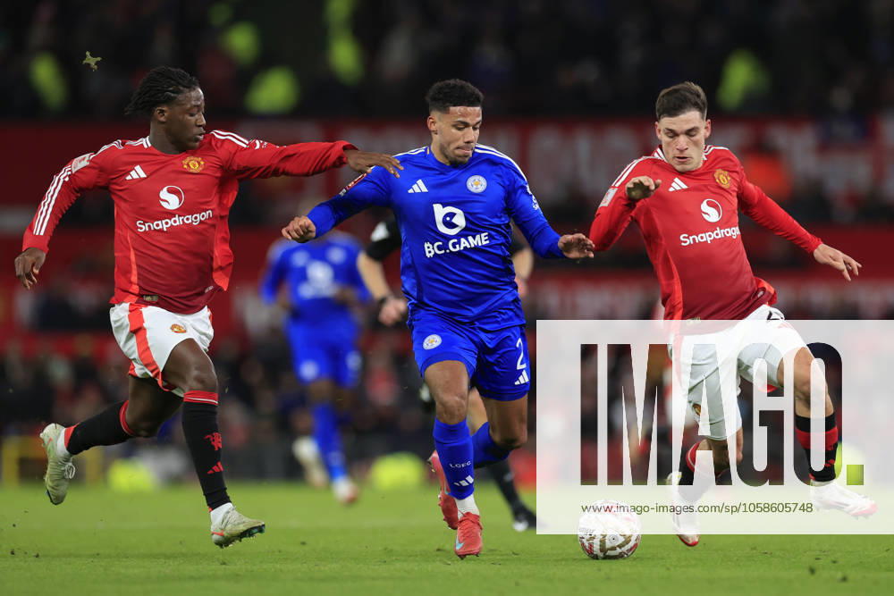 Manchester United, ManU v Leicester City FA Cup 07 02 2025. 4th Round James Justin (2) of Leicester City is challenged by Manuel Ugarte (25) and Kobbie Mainoo (37) of Manchester United during the FA Cup match between Manchester United and Leicester City at Old Trafford, Manchester, England on 7 February 2025. Manchester Old Trafford Greater Manchester England Editorial use only DataCo restrictions apply See www.football-dataco.com ,