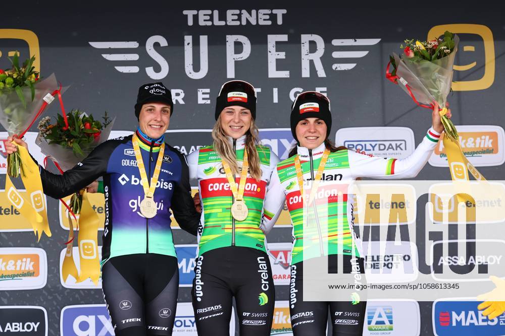 Dutch Lucinda Brand, Dutch Inge van der Heijden and Italian Sara Casasola pictured on the podium after the women elite race of the Noordzeecross cyclocross cycling event in Middelkerke, the eighth and last race of the Superprestige competition on Saturday 08 February 2025. DAVIDxPINTENS x111984032x