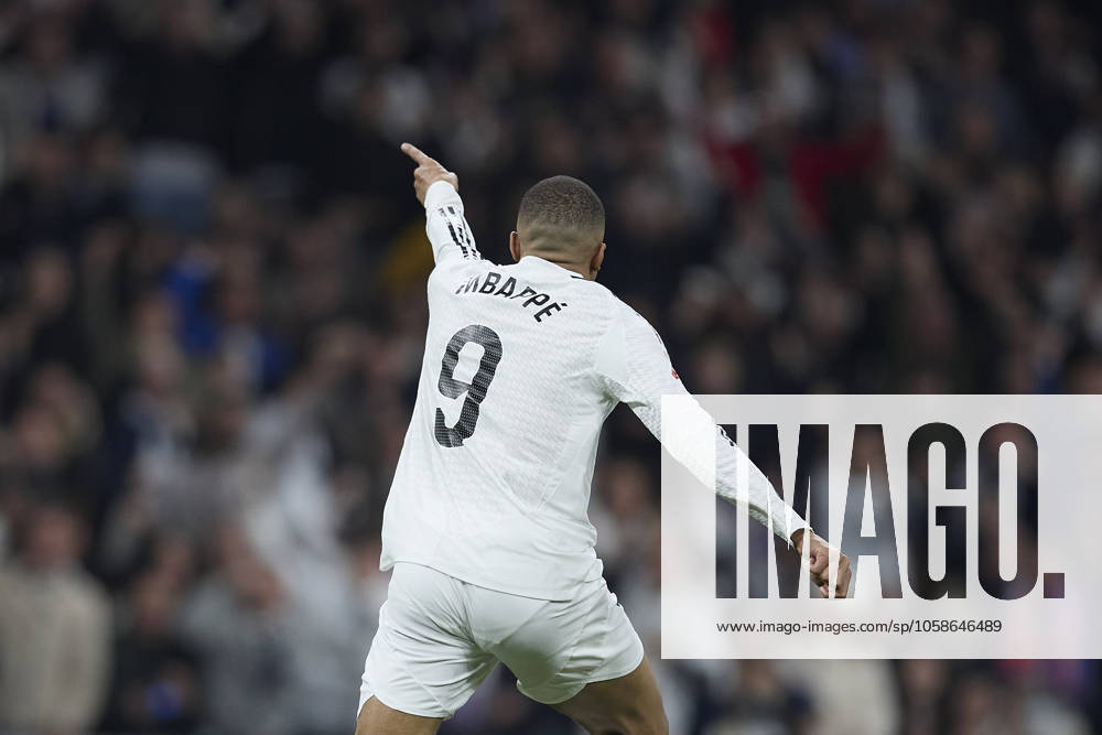 Kyliam Mbappe (Real Madrid CF) celebrates after scoring his team˜s first goal during the LaLiga match between Real Madrid and Atlà tico Madrid at Santiago Bernabà u on February 8, 2025 in Madrid, Spain. (Photo by Manu Reino DeFodi Images) Defodi-071_RMCATL20250208_065