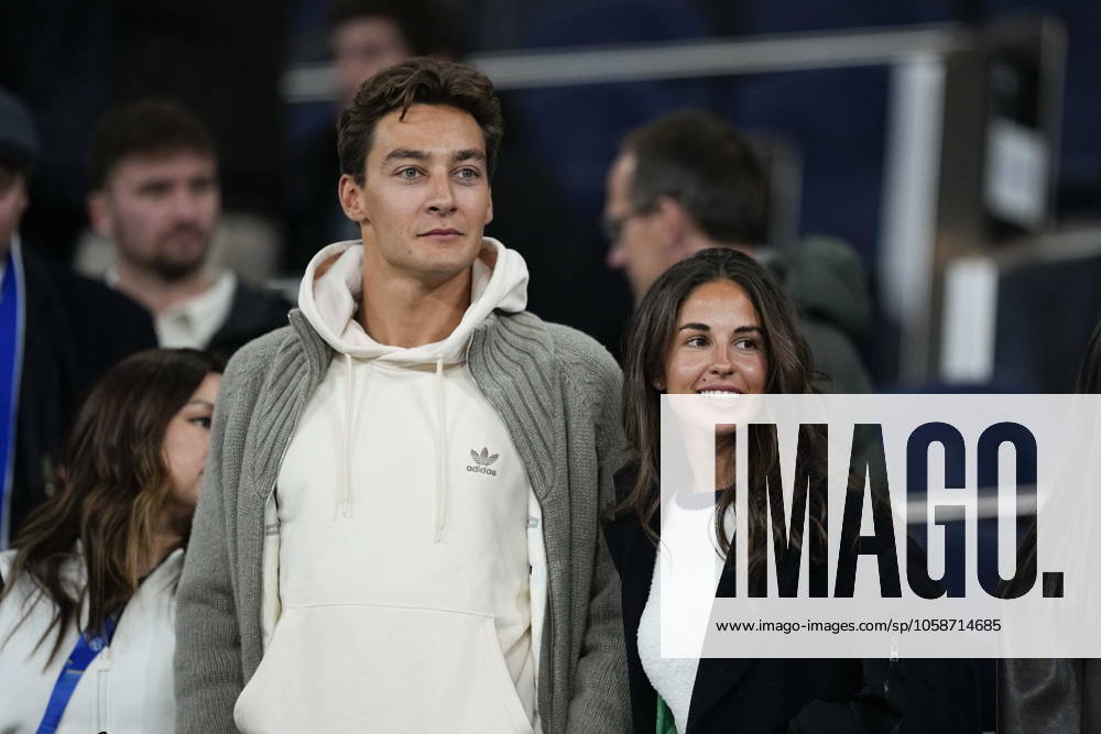 George Russell, Mercedes F1 driver, and his girlfriend Carmen Montero are seen during the Spanish League, LaLiga EA Sports, football match played between Real Madrid and Atletico de Madrid at Santiago Bernabeu stadium on February 8, 2025, in Madrid, Spain. Madrid SPAIN - ZUMA Atl 20250208_zaa_a181_149