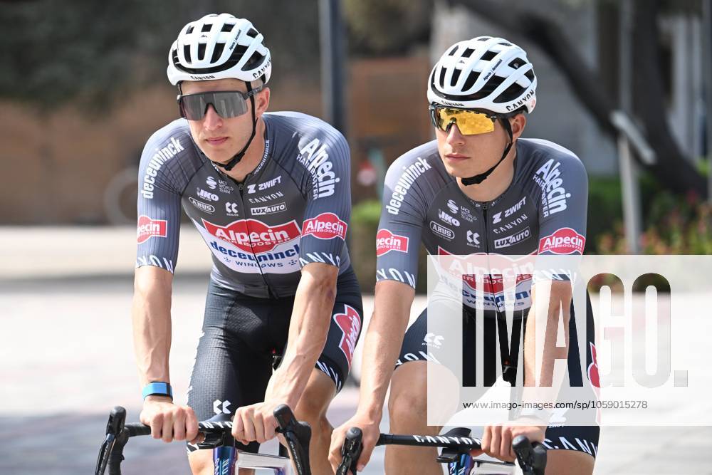 UAE Tour 2025 - Stage 3 JEBEL JAIS, UNITED ARAB EMIRATES - FEBRUARY 19 : Philipsen Jasper (BEL) of Alpecin-Deceuninckn and Ghys Robbe (BEL) of Alpecin-Deceuninck during Stage 3 of the UAE Tour 2025 cycling race with start in Ras Al Khaimah and finish in Jebel Jais (181km) on February 19, 2025 in Jebel Jais, United Arab Emirates, 19 02 2025 Jebel Jais United Arab Emirates