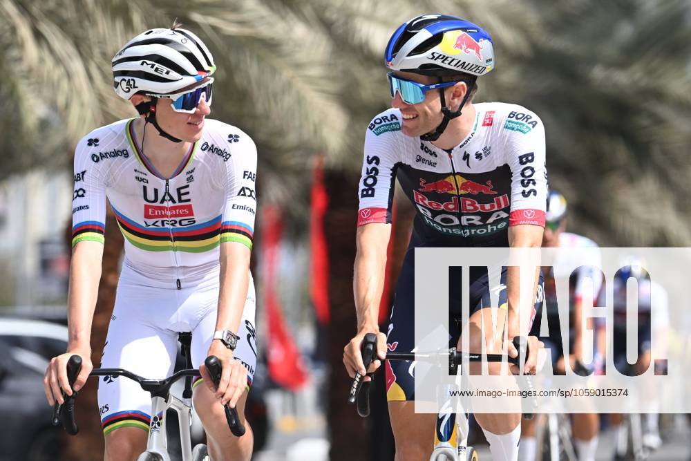 UAE Tour 2025 - Stage 3 JEBEL JAIS, UNITED ARAB EMIRATES - FEBRUARY 19 : Fisher-Black Finn Lachlan Fox (NZL) of Red Bull - Bora - Hansgrohe and Pogacar Tadej (SLO) of UAE Team Emirates pictured during Stage 3 of the UAE Tour 2025 cycling race with start in Ras Al Khaimah and finish in Jebel Jais (181km) on February 19, 2025 in Jebel Jais, United Arab Emirates, 19 02 2025 Jebel Jais United Arab Emirates