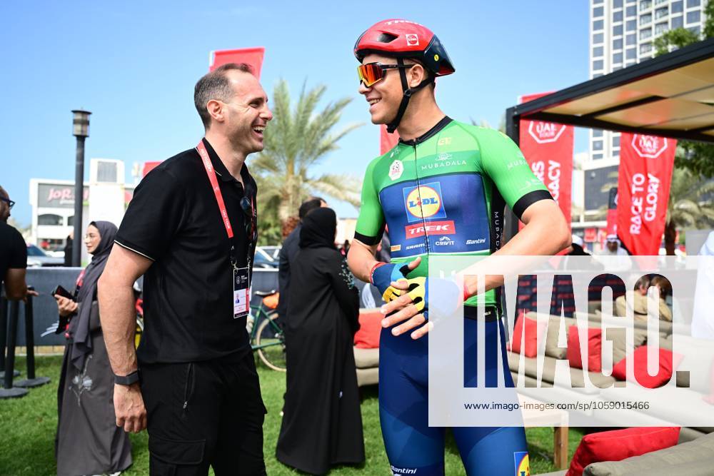 UAE Tour 2025 - Stage 3 JEBEL JAIS, UNITED ARAB EMIRATES - FEBRUARY 19 : Milan Jonathan (ITA) of Lidl-Trek and Fabrizio D amico Race Director pictured during Stage 3 of the UAE Tour 2025 cycling race with start in Ras Al Khaimah and finish in Jebel Jais (181km) on February 19, 2025 in Jebel Jais, United Arab Emirates, 19 02 2025 Jebel Jais United Arab Emirates