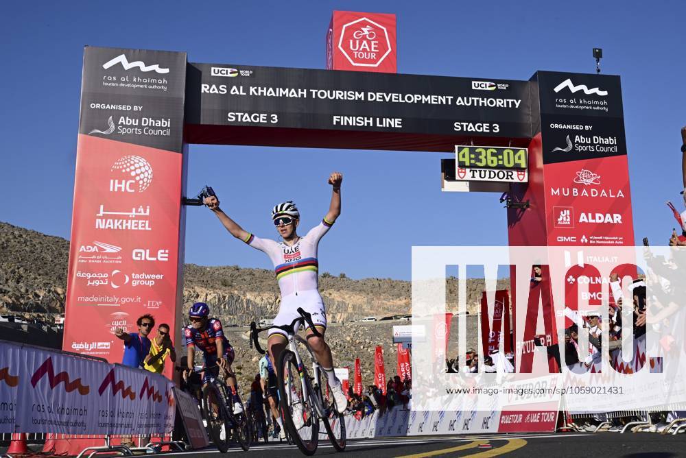 UAE Tour 2025 - Stage 3 JEBEL JAIS, UNITED ARAB EMIRATES - FEBRUARY 19 : Pogacar Tadej (SLO) of UAE Team Emirates wins during Stage 3 of the UAE Tour 2025 cycling race with start in Ras Al Khaimah and finish in Jebel Jais (181km) on February 19, 2025 in Jebel Jais, United Arab Emirates, 19 02 2025 Jebel Jais United Arab Emirates
