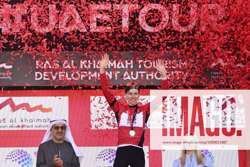 UAE Tour 2025 - Stage 3 JEBEL JAIS, UNITED ARAB EMIRATES - FEBRUARY 19 : Pogacar Tadej (SLO) of UAE Team Emirates pictured during the podium ceremony of Stage 3 of the UAE Tour 2025 cycling race with start in Ras Al Khaimah and finish in Jebel Jais (181km) on February 19, 2025 in Jebel Jais, United Arab Emirates, 19 02 2025 Jebel Jais United Arab Emirates