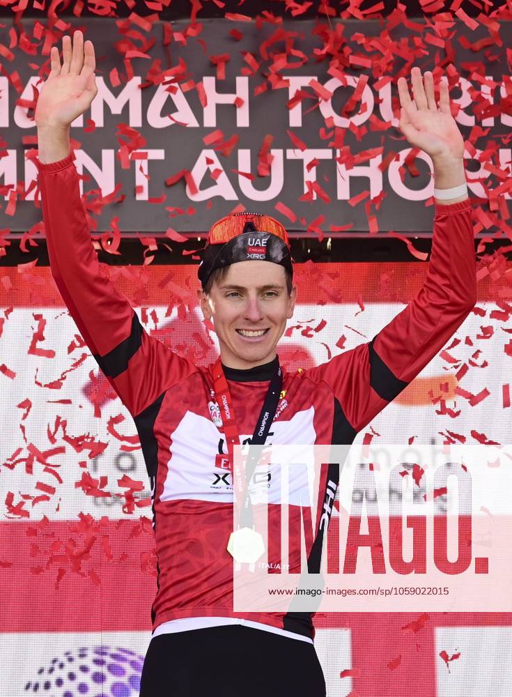 UAE Tour 2025 - Stage 3 JEBEL JAIS, UNITED ARAB EMIRATES - FEBRUARY 19 : Pogacar Tadej (SLO) of UAE Team Emirates pictured during the podium ceremony of Stage 3 of the UAE Tour 2025 cycling race with start in Ras Al Khaimah and finish in Jebel Jais (181km) on February 19, 2025 in Jebel Jais, United Arab Emirates, 19 02 2025 Jebel Jais United Arab Emirates