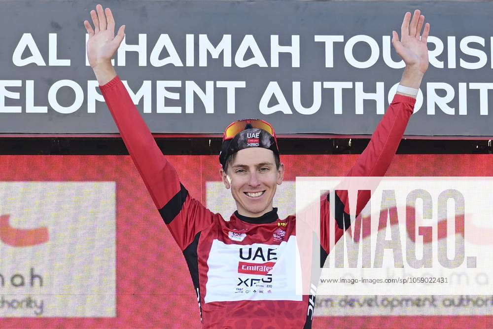 UAE Tour 2025 - Stage 3 JEBEL JAIS, UNITED ARAB EMIRATES - FEBRUARY 19 : Pogacar Tadej (SLO) of UAE Team Emirates pictured during the podium ceremony of Stage 3 of the UAE Tour 2025 cycling race with start in Ras Al Khaimah and finish in Jebel Jais (181km) on February 19, 2025 in Jebel Jais, United Arab Emirates, 19 02 2025 Jebel Jais United Arab Emirates