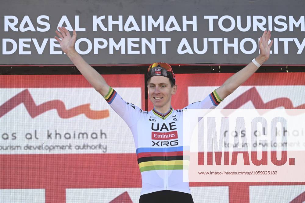 UAE Tour 2025 - Stage 3 JEBEL JAIS, UNITED ARAB EMIRATES - FEBRUARY 19 : Pogacar Tadej (SLO) of UAE Team Emirates pictured during the podium ceremony of Stage 3 of the UAE Tour 2025 cycling race with start in Ras Al Khaimah and finish in Jebel Jais (181km) on February 19, 2025 in Jebel Jais, United Arab Emirates, 19 02 2025 Jebel Jais United Arab Emirates