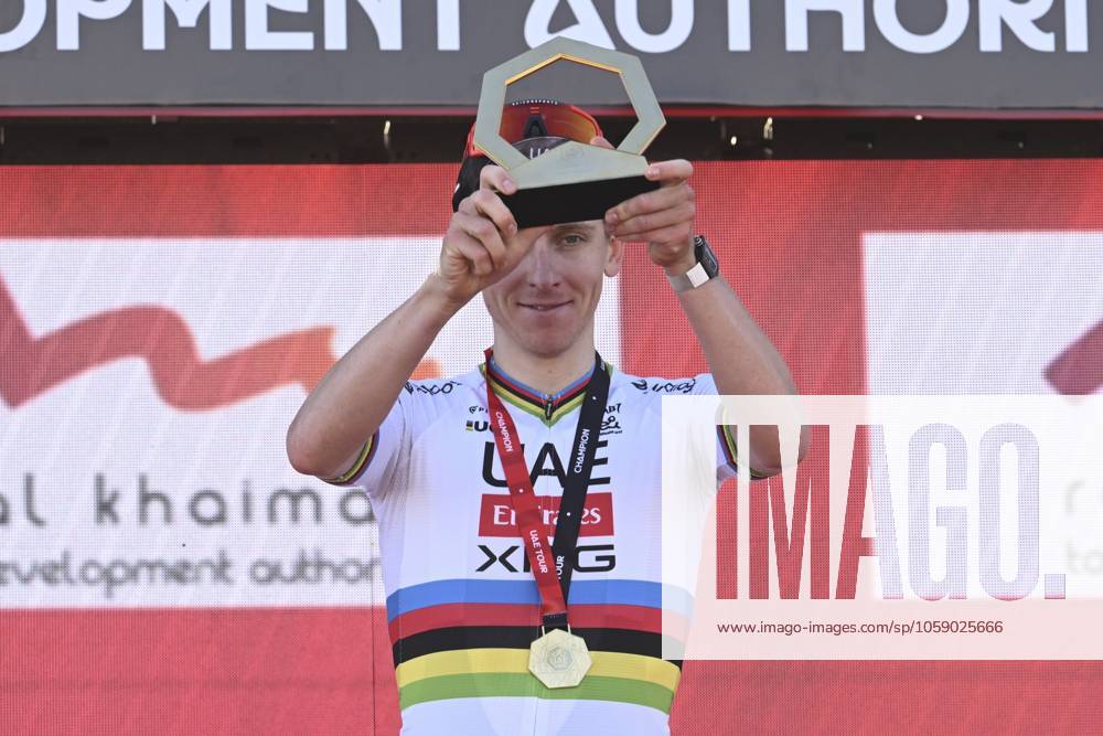 UAE Tour 2025 - Stage 3 JEBEL JAIS, UNITED ARAB EMIRATES - FEBRUARY 19 : Pogacar Tadej (SLO) of UAE Team Emirates pictured during the podium ceremony of Stage 3 of the UAE Tour 2025 cycling race with start in Ras Al Khaimah and finish in Jebel Jais (181km) on February 19, 2025 in Jebel Jais, United Arab Emirates, 19 02 2025 Jebel Jais United Arab Emirates