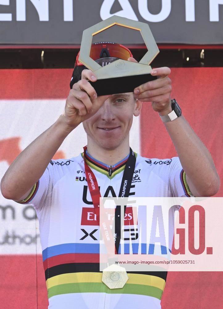 UAE Tour 2025 - Stage 3 JEBEL JAIS, UNITED ARAB EMIRATES - FEBRUARY 19 : Pogacar Tadej (SLO) of UAE Team Emirates pictured during the podium ceremony of Stage 3 of the UAE Tour 2025 cycling race with start in Ras Al Khaimah and finish in Jebel Jais (181km) on February 19, 2025 in Jebel Jais, United Arab Emirates, 19 02 2025 Jebel Jais United Arab Emirates