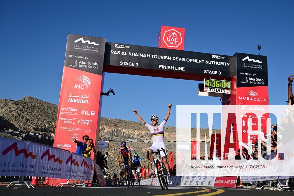 UAE Tour 2025 - Stage 3 JEBEL JAIS, UNITED ARAB EMIRATES - FEBRUARY 19 : Pogacar Tadej (SLO) of UAE Team Emirates celebrates the victory during Stage 3 of the UAE Tour 2025 cycling race with start in Ras Al Khaimah and finish in Jebel Jais (181km) on February 19, 2025 in Jebel Jais, United Arab Emirates, 19 02 2025 Jebel Jais United Arab Emirates