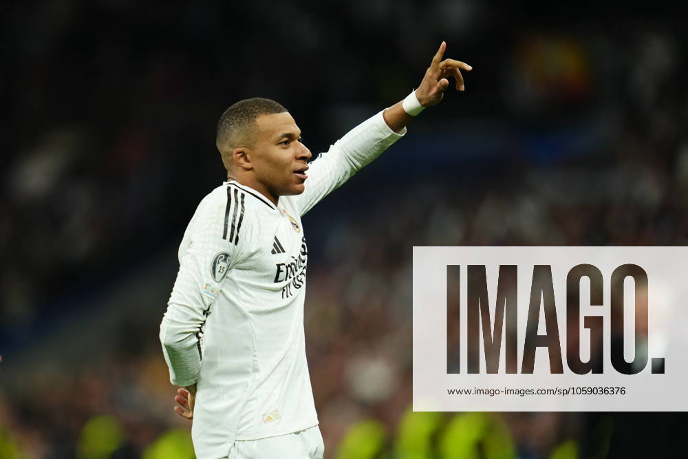 ESP: Real Madrid v Manchester City. UEFA Champions League match. Play off round Kylian Mbappe of Real Madrid celebrates the 3-0 during the UEFA Champions League match, play off round, second leg, between Real Madrid and Manchester City played at Santiago Bernabeu Stadium on Feb 19, 2025 in Madrid Spain. kpng