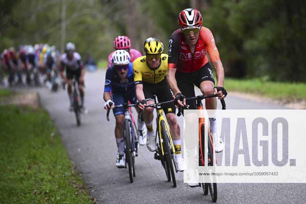 2025 Volta Algarve cycling race - Stage 2 ALTO DA FOIA, PORTUGAL - FEBRUARY 20 : De Plus Laurens (BEL) of Ineos Grenadiers, Tulett Ben (GBR) of Team Visma I Lease a Bike, Rochas Remy (FRA) of Groupama-FDJ, Powless Neilson (USA) of EF Education - Easypost during stage 2 of the 51th edition of the Volta Algarve cycling race, with start in Lagoa and finish in Alto Da Foia on February 20, 2025 in Alto Da Foia, Portugal, 20 02 2025 ( Motordriver Kenny Verfaillie - Alto Da Foia Portugal