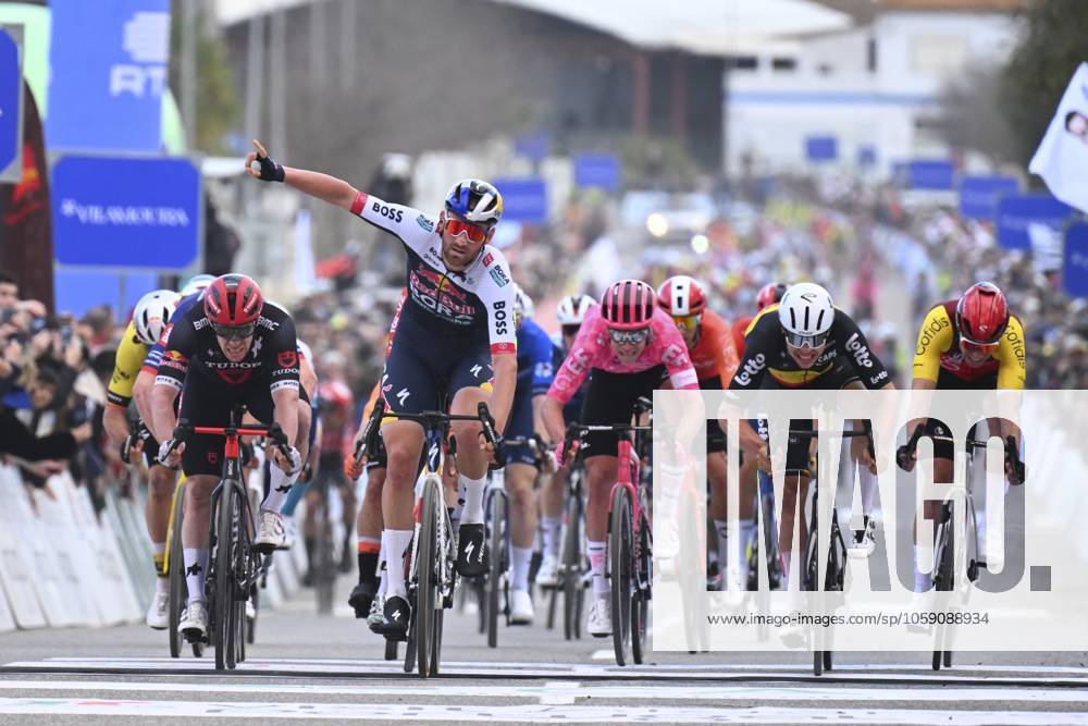 2025 Volta Algarve cycling race - Stage 3 TAVIRA, PORTUGAL - FEBRUARY 21 : Meeus Jordi (BEL) of Red Bull - Bora - Hansgrohe wins, Dainese Alberto (ITA) of Tudor Pro Cycling Team, Girmay Biniam (ERI) of Intermarche - Wanty, De Lie Arnaud (BEL) of Lotto Cycling Team, Van Uden Casper (NED) of Team Picnic PostNL during stage 3 of the 51th edition of the Volta Algarve cycling race, with start in Vila Real Santo Antonio and finish in Tavira on February 21, 2025 in Tavira, Portugal, 21 02 2025 ( Motordriver Kenny Verfaillie - Tavira Portugal